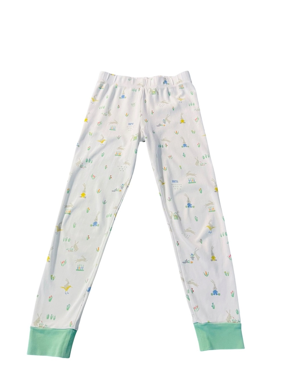 LAKE Kids White Pajama Pants with Mint Cuffs and Playful Bunny Print Size 7